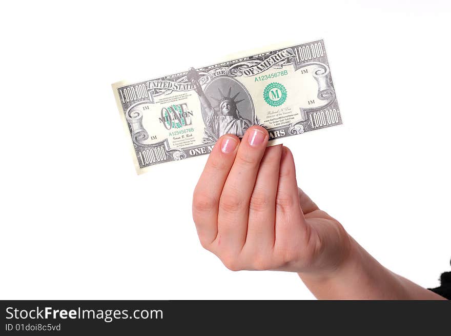 Money in a hand on white background