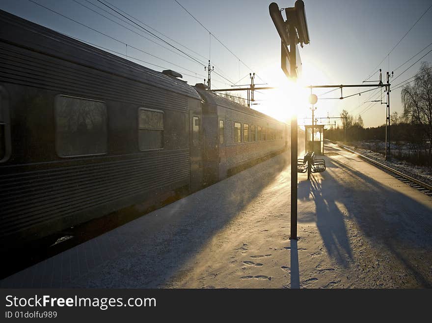 Railway platform in the Scandinavian winter