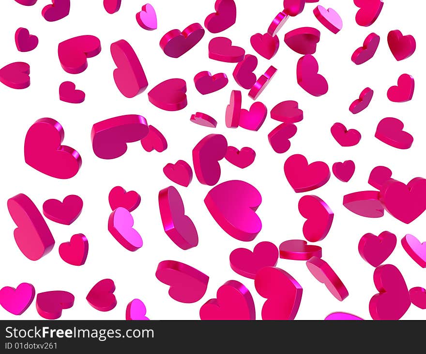 3D rendered Illustration of valentine hearts raining in front of a white background. 3D rendered Illustration of valentine hearts raining in front of a white background