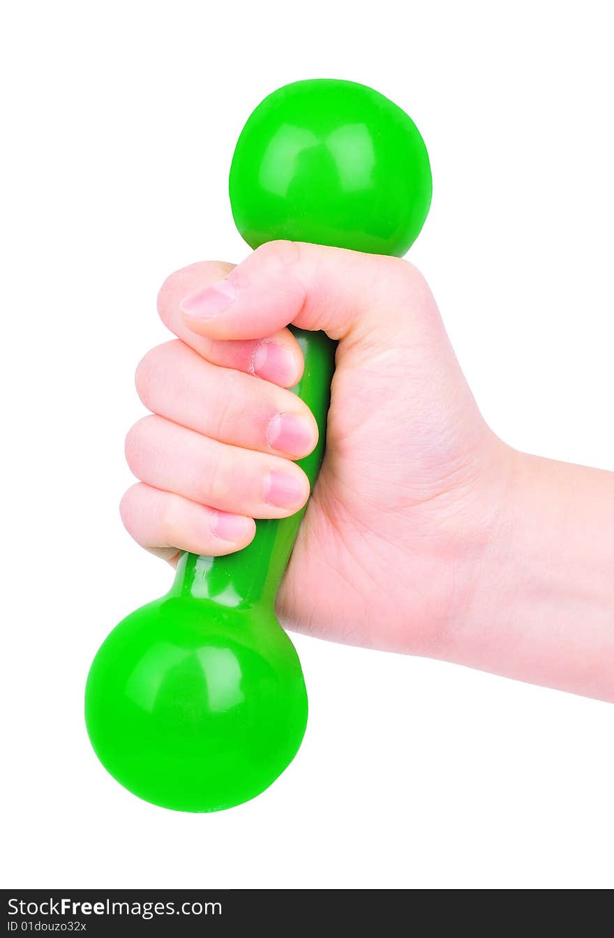 Close up of holding dumbbell isolated on white