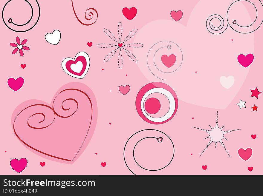 Symbols with hearts on pink background