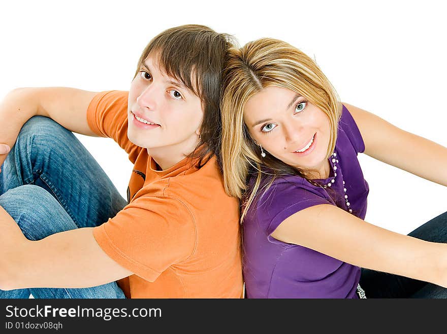 Nice young couple in dreaminess on white background. Nice young couple in dreaminess on white background