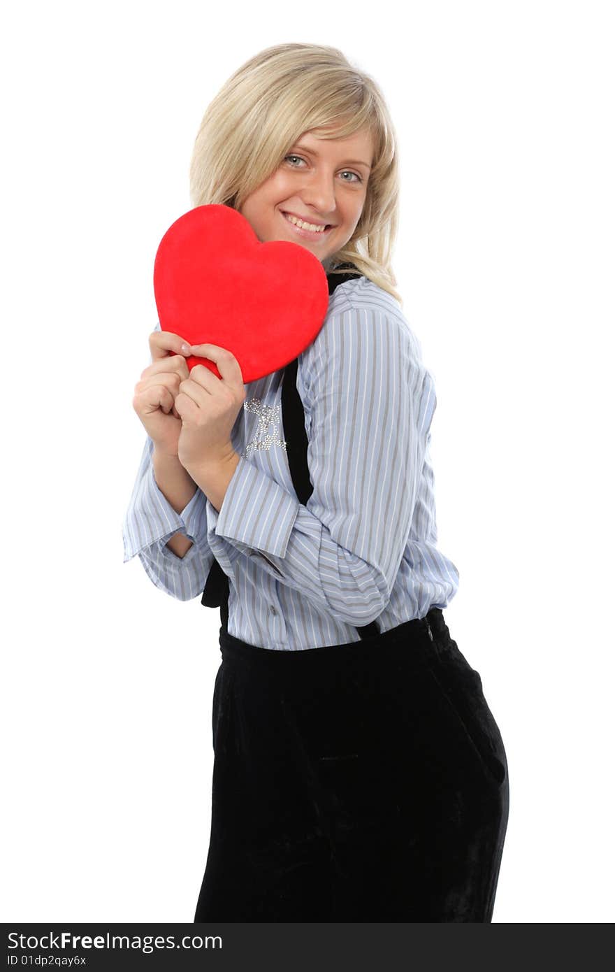 Woman with red heart isolater on white. Woman with red heart isolater on white