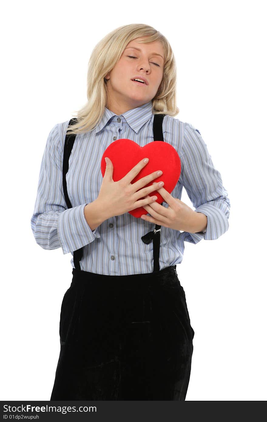 Woman with red heart isolater on white. Woman with red heart isolater on white