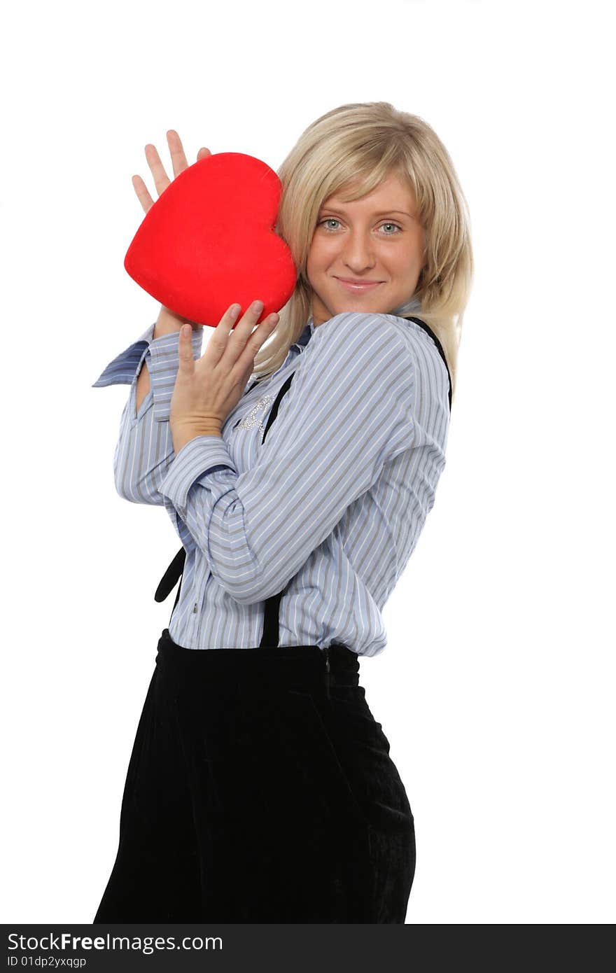 Woman with red heart isolater on white. Woman with red heart isolater on white