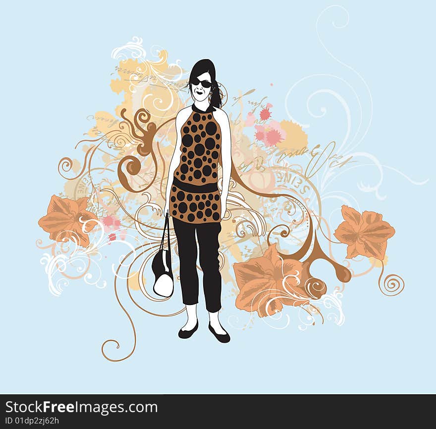 Illustration of a woman and decorative patterns