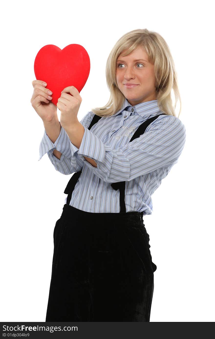 Woman with red heart isolater on white. Woman with red heart isolater on white