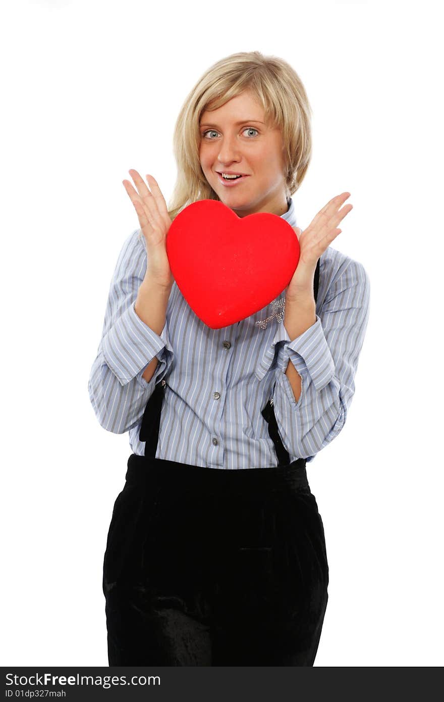 Woman with red heart isolater on white. Woman with red heart isolater on white