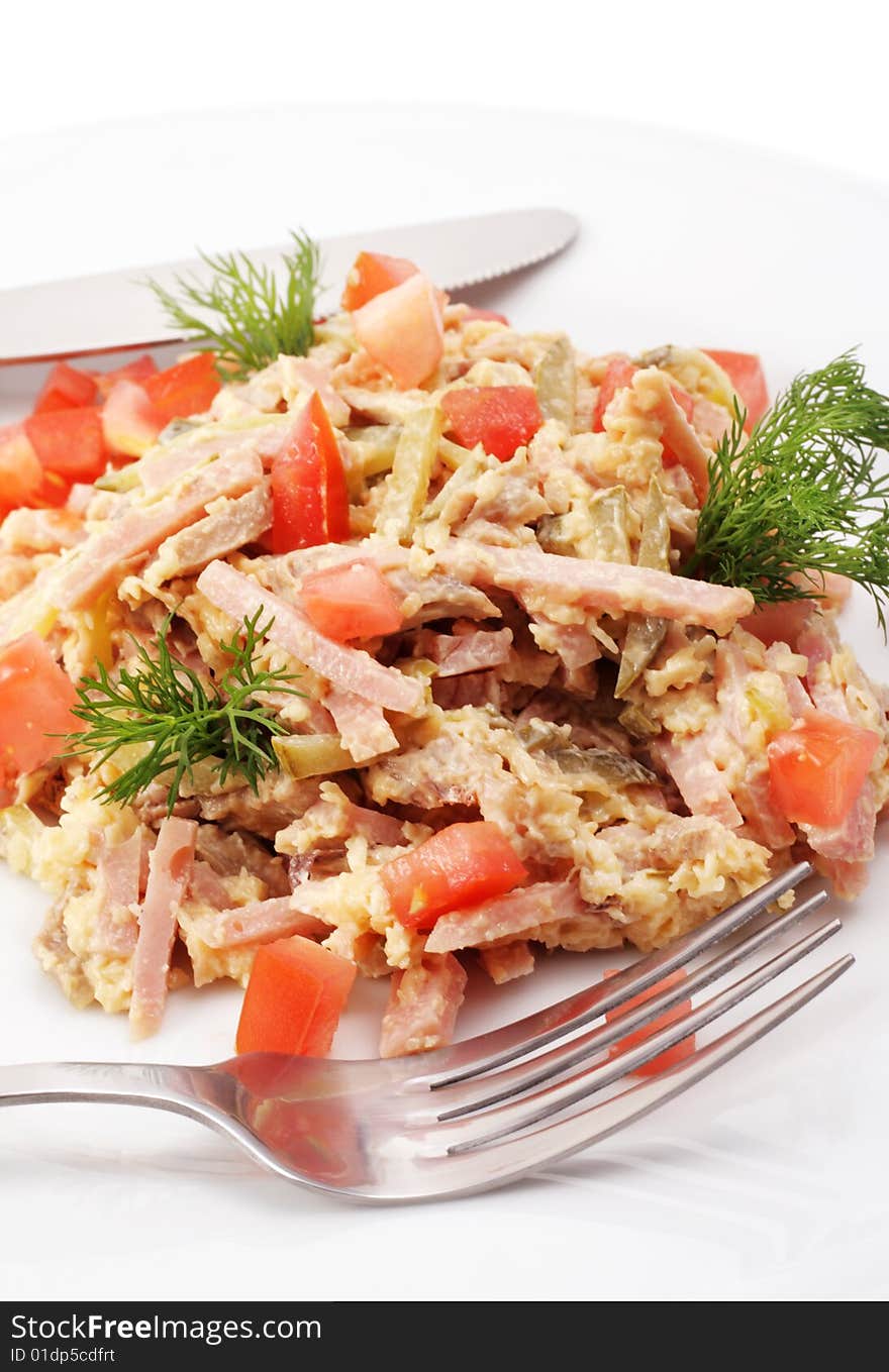 Salad Comprises Chopped Smoked Chicken and Champignon Dressed with Dill and Tomatoes. Isolated on White Background. Salad Comprises Chopped Smoked Chicken and Champignon Dressed with Dill and Tomatoes. Isolated on White Background