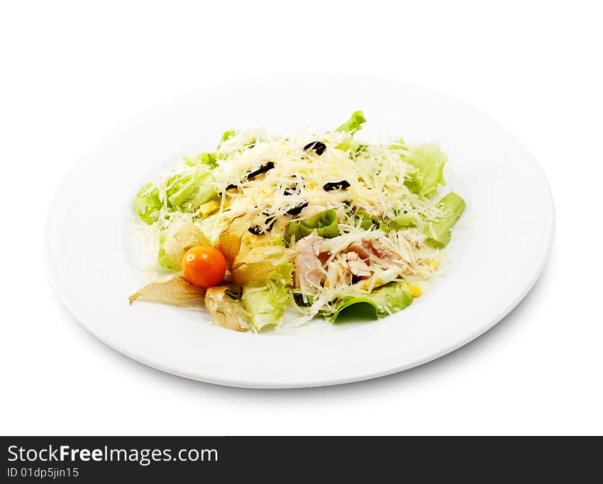 Caesar Salad Comprises Romaine Lettuce and Croutons Dressed with Parmesan cheese. Isolated on White Background