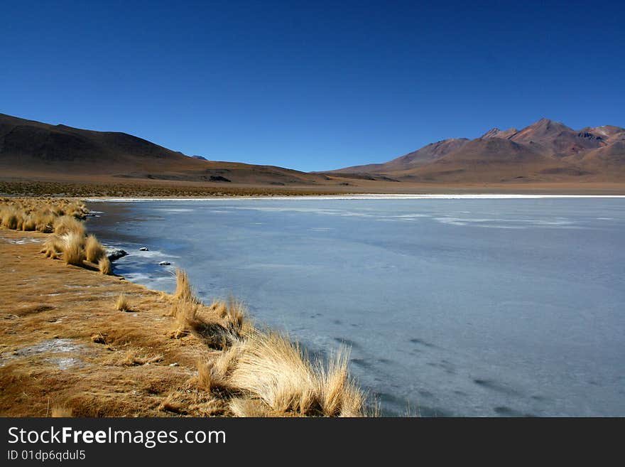 Frozen lake in desert