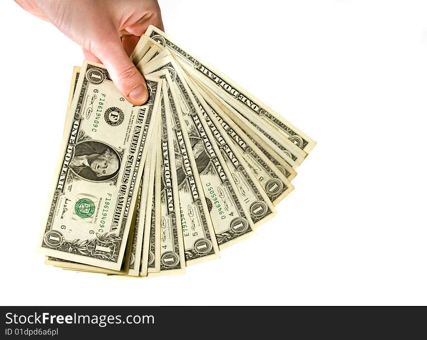 Hand with dollar banknotes isolated on white. Hand with dollar banknotes isolated on white