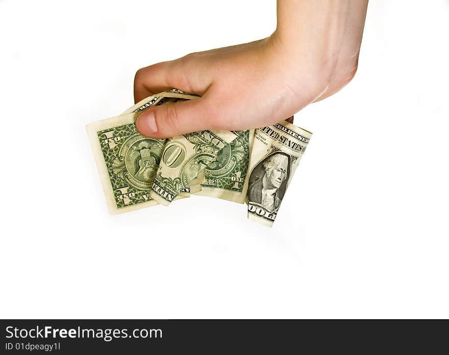 Hand crunching dollar banknotes isolated on white. Hand crunching dollar banknotes isolated on white