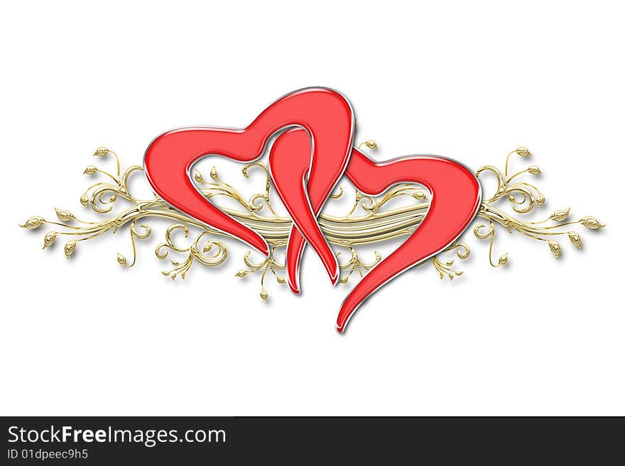 Two hearts intertwine among themselves on a white background