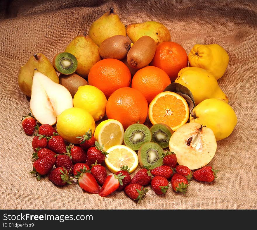 Several fruits on rush texture