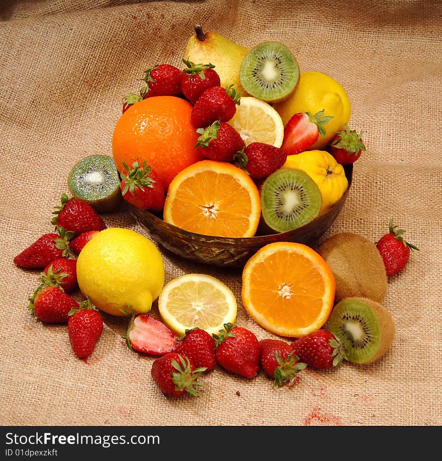 Several fruits on rush texture