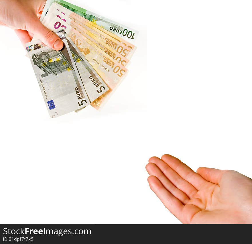 Handing over euro banknotes isolated over white