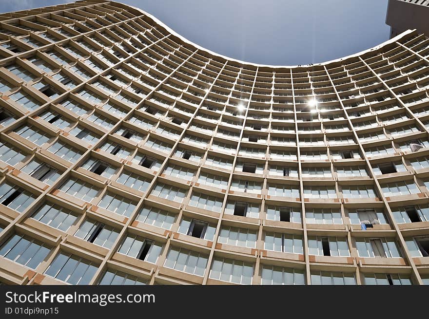 The curved facade of a sea facing beach front hotel on Marine Parade in Durban. Durban is the 3rd largest city in South Africa and is in the province of Kwazulu Natal. The curved facade of a sea facing beach front hotel on Marine Parade in Durban. Durban is the 3rd largest city in South Africa and is in the province of Kwazulu Natal