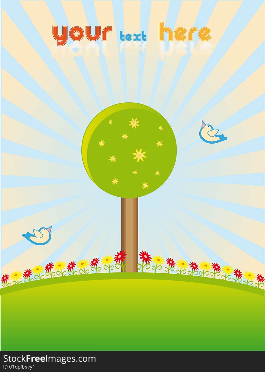 Colorful spring vector with birds and lot of flowers. Colorful spring vector with birds and lot of flowers