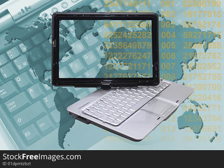 Notebook with a background with laptop world map and numbers