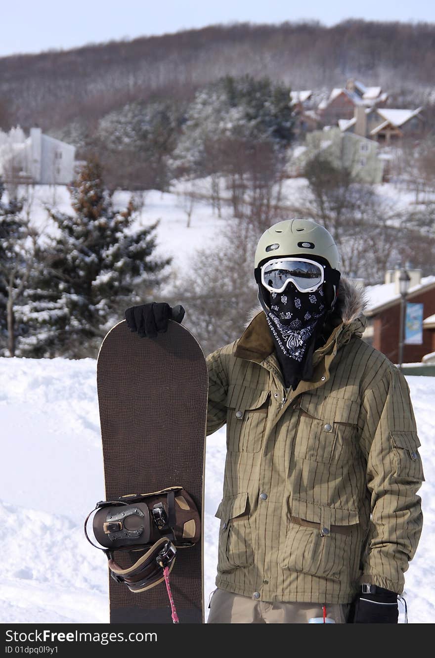 Snowboarder in Full Gear at a Ski Resort