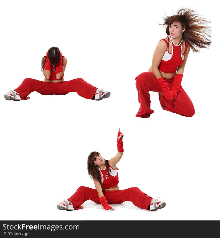 The beautiful girl dances in a red suit