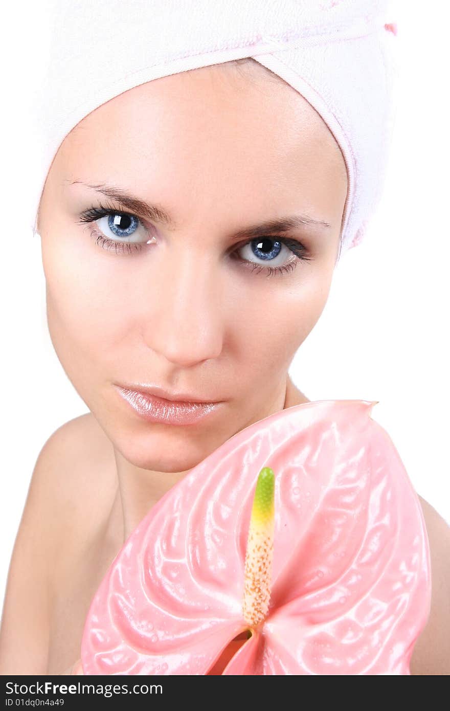 Young girl with pink flower. Young girl with pink flower