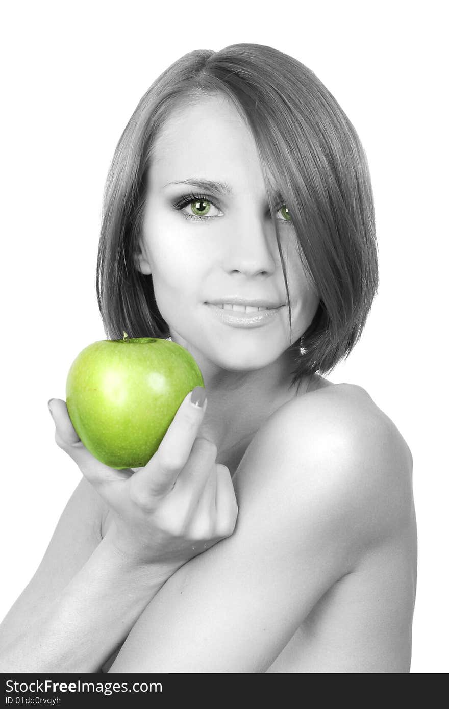 Healthy young girl with fresh green apple