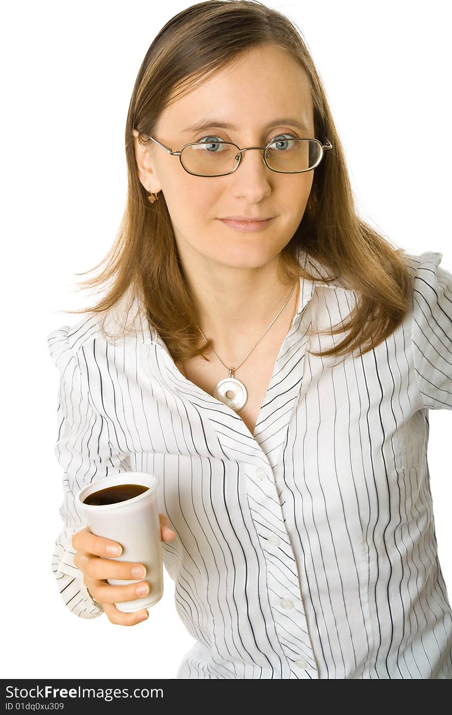 A pretty woman holding a glass of coffee. Isolated on white background