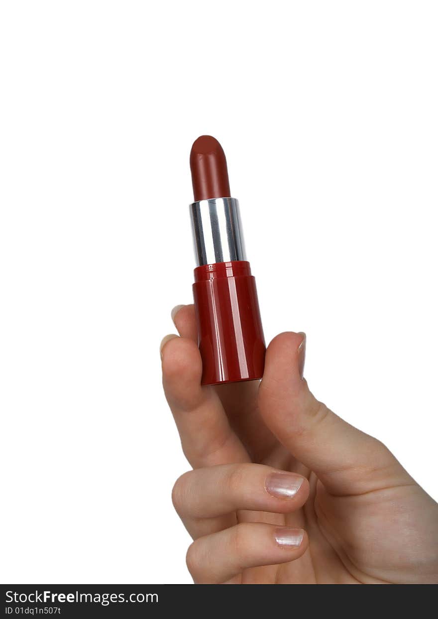 Hand with lipstick on the isolated