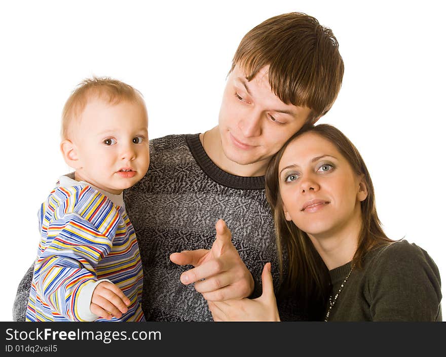 Mother, father and son - happy family. Isolated on white background