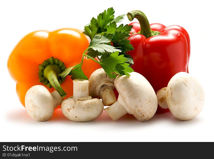 Aromatic herbs, peppers and mushrooms.