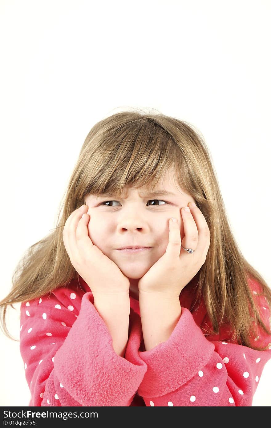 Cute young girl in pink dress isolated on white background. Cute young girl in pink dress isolated on white background