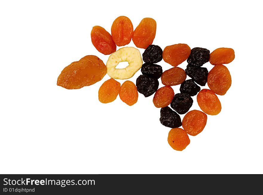 There are dried fruits on white isolated, hen