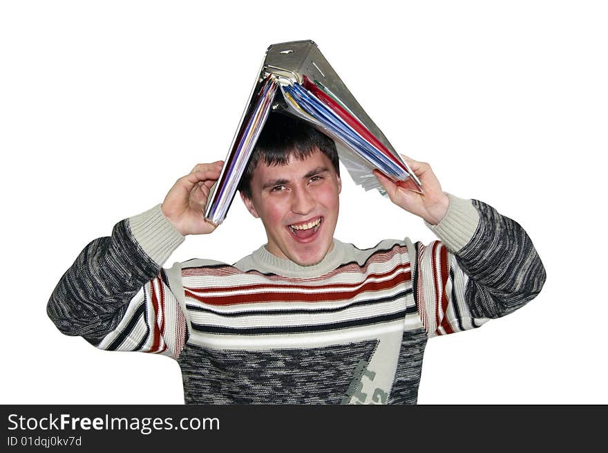 Shouting young man with a folder on a head.