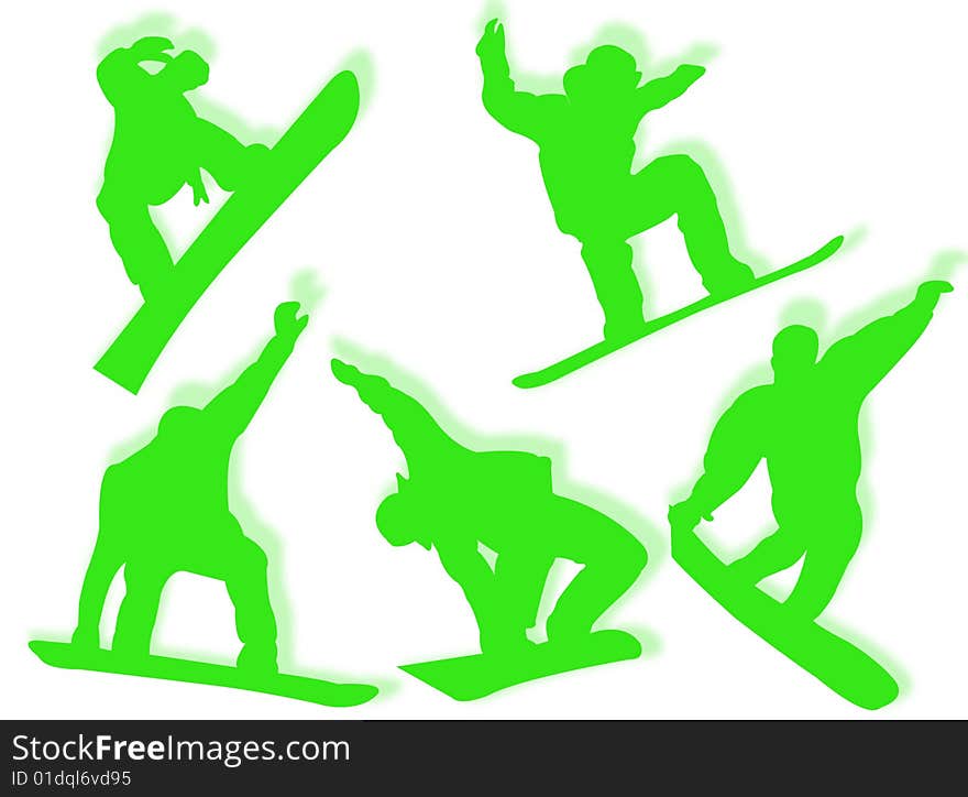 Snowboarders silhouette in different poses and attitudes. Snowboarders silhouette in different poses and attitudes