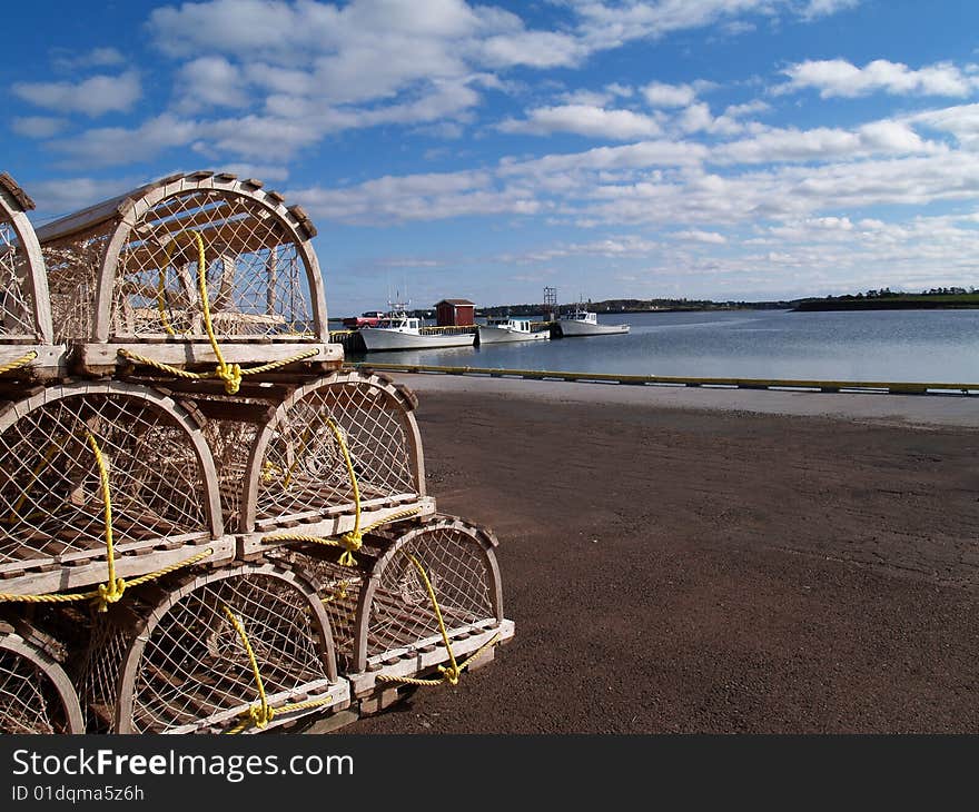 Lobster Traps on the Wharf with Copy Space