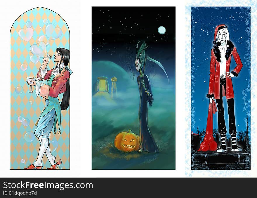 Christmas, Halloween & st. Valentin's day postcard. Christmas, Halloween & st. Valentin's day postcard