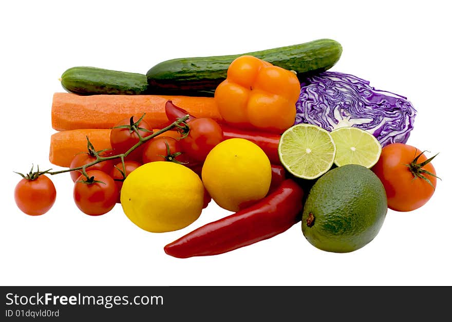 Bright tomatoes, carrots, cabbage, cucumbers and pepper on a white background. Bright tomatoes, carrots, cabbage, cucumbers and pepper on a white background