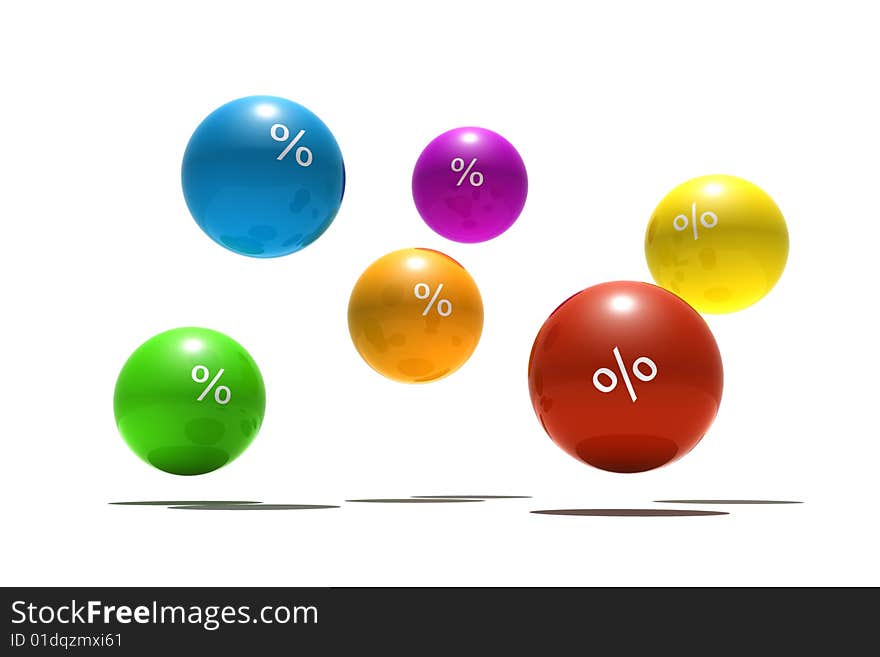 Isolated multicolor spheres with percent symbol - 3d render. Isolated multicolor spheres with percent symbol - 3d render