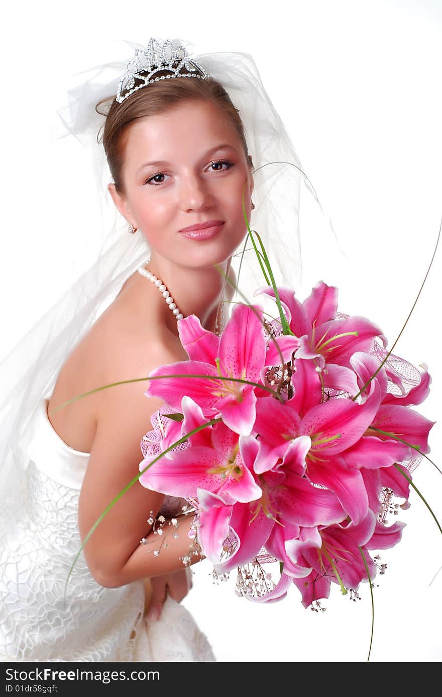 Young bride with bouquet of lilys on a white background