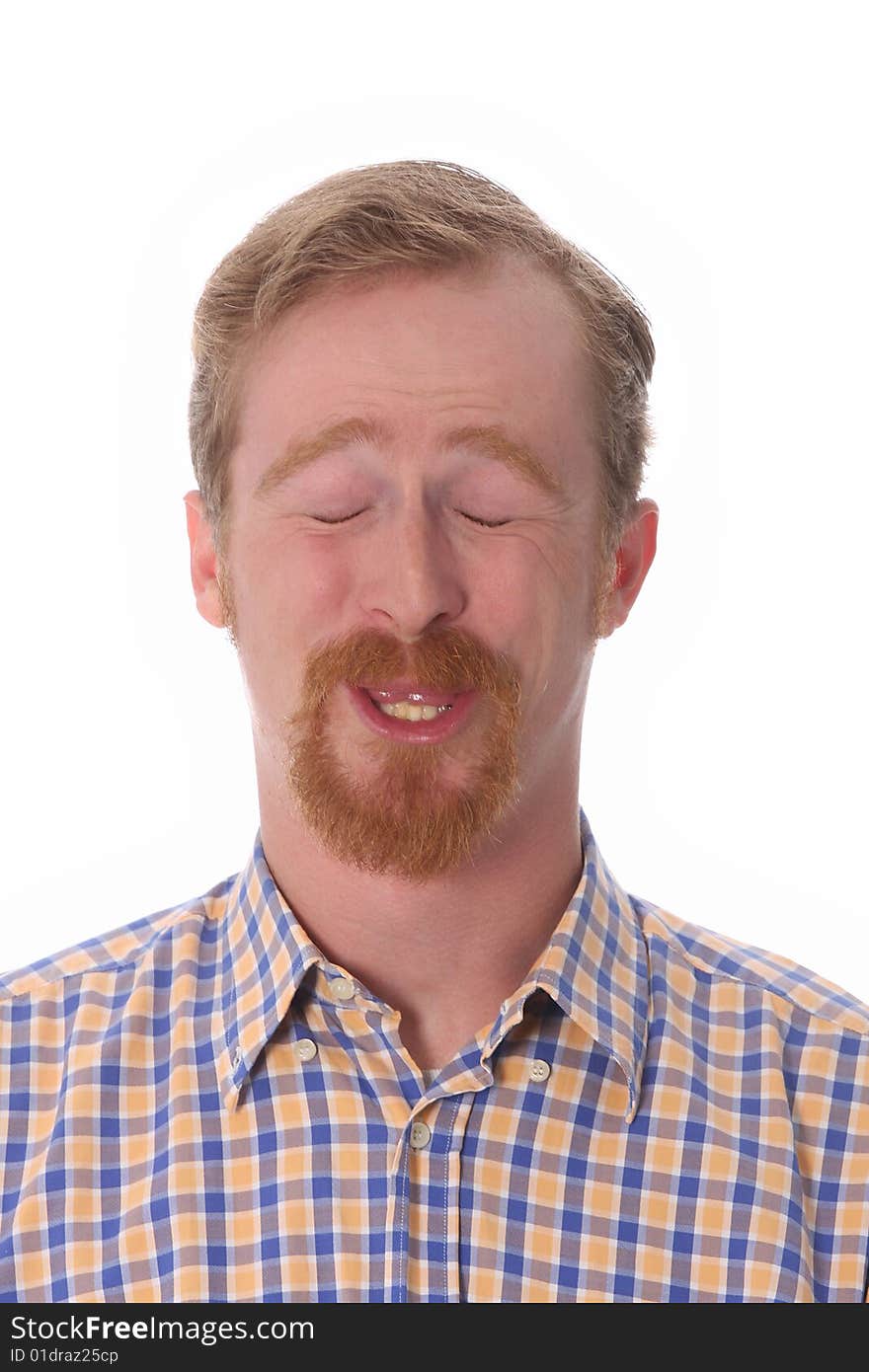 Portrait of funny man on white background