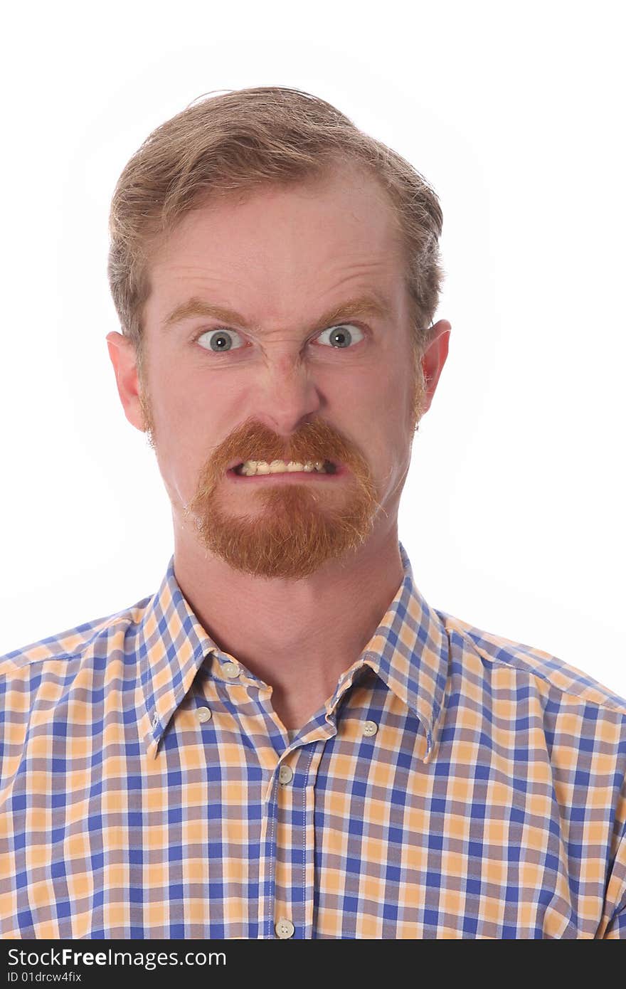 Portrait of angry man on white background