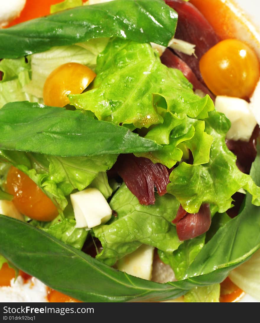 Salad - Smoked Magret (Duck Breast) with Red Chaud-Froid Sauce. Comprises Tomato and Vegetable Leaf. Salad - Smoked Magret (Duck Breast) with Red Chaud-Froid Sauce. Comprises Tomato and Vegetable Leaf.