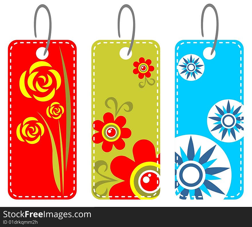 Three ornate price tags isolated on a white background.