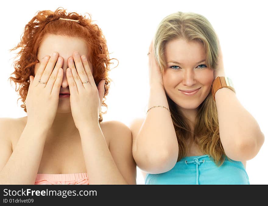 Two Girls With Closed Eyes And Ears