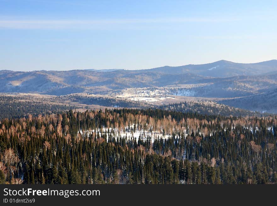 Mountain landscape. Mountain Shoriya. Sheregesh. Russia.