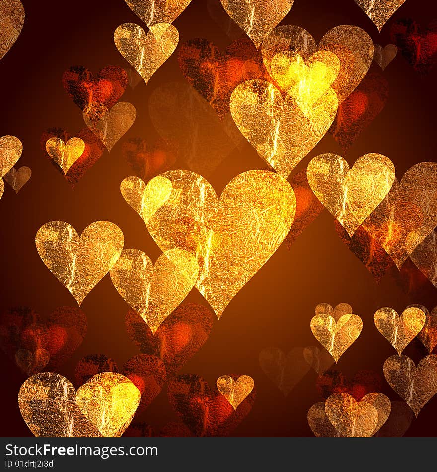 Golden and red hearts over gold background with feather center. Golden and red hearts over gold background with feather center