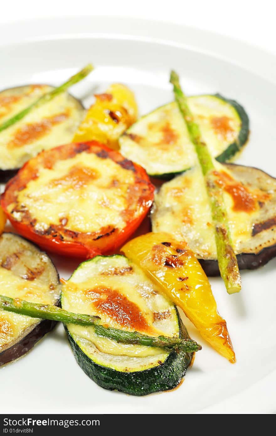 BBQ Eggplant and Tomato under Sabayon Suace with Fried Green Asparagus