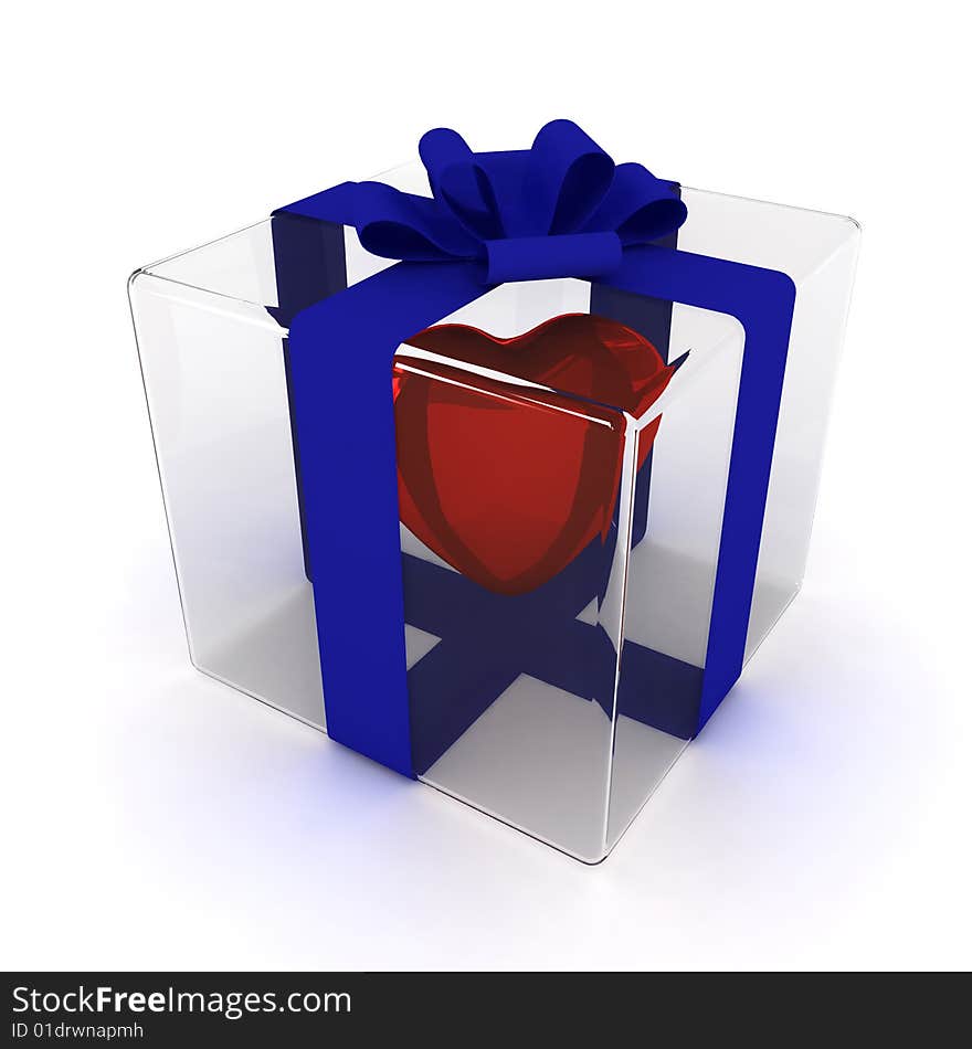 Heart gift in transparent glass box with blue bow. Heart gift in transparent glass box with blue bow